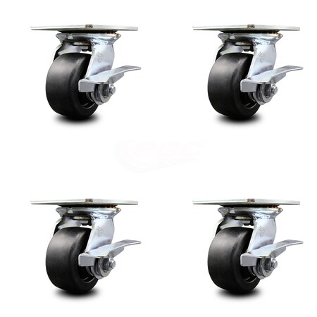 Service Caster 4 Inch Heavy Duty Polyolefin Caster Set with Roller Bearings and Brakes SCC SCC-35S420-POR-SLB-4